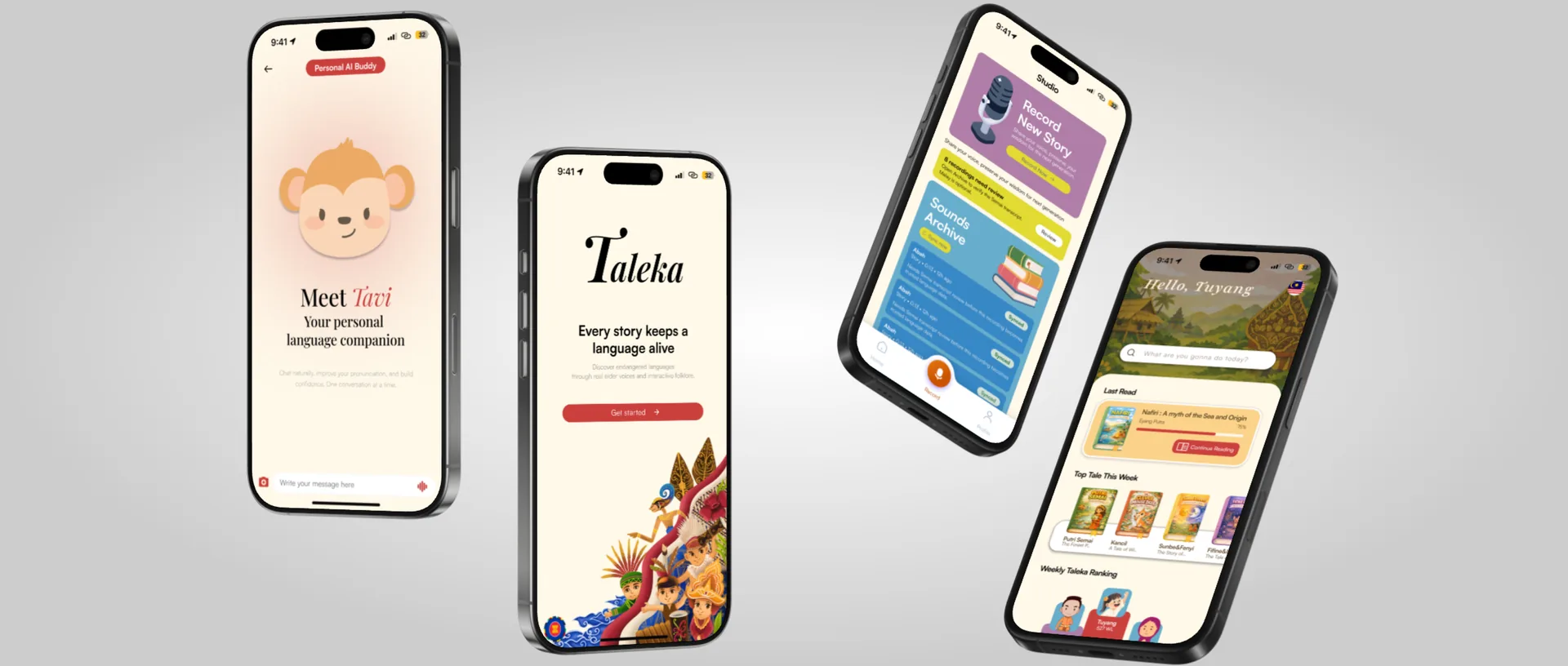 Taleka AI companion, welcome screen, Elder Studio, and story dashboard